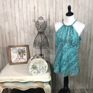 NWT Michael Kors Halter Dress Blouse Lagoon Blue Snake Skin Print Size 14 Petite